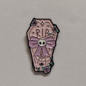 2/$10 Pink Coffin Enamel Pin with Skull and Bow